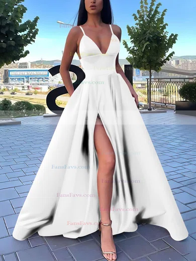 A-line V-neck Satin Sweep Train Pockets Prom Dresses #Favs020106839
