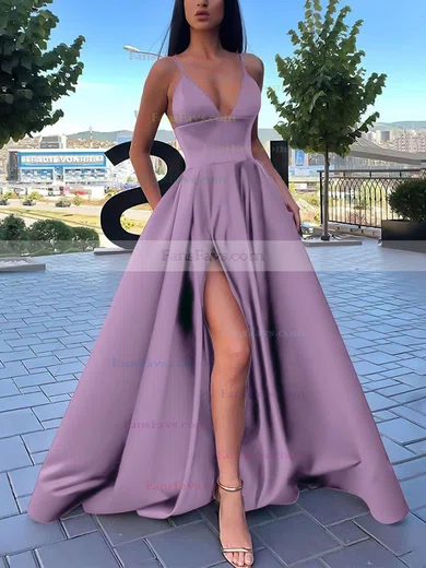 A-line V-neck Satin Sweep Train Pockets Prom Dresses #Favs020106839