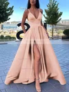 A-line V-neck Satin Sweep Train Pockets Prom Dresses #Favs020106839