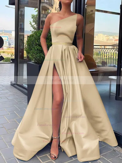 A-line Strapless Satin Sweep Train Sashes / Ribbons Prom Dresses #Favs020106846