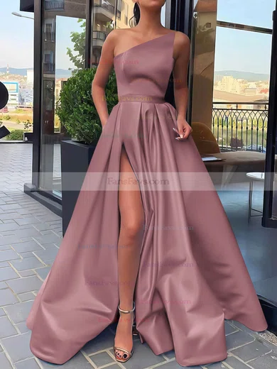 A-line Strapless Satin Sweep Train Sashes / Ribbons Prom Dresses #Favs020106846