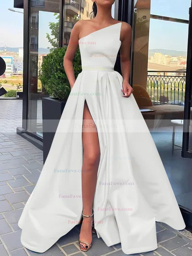 A-line Strapless Satin Sweep Train Sashes / Ribbons Prom Dresses #Favs020106846