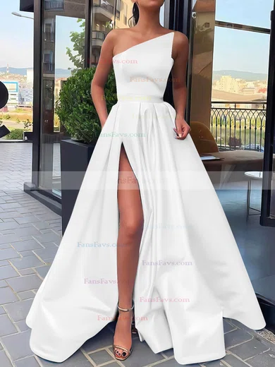 A-line Strapless Satin Sweep Train Sashes / Ribbons Prom Dresses #Favs020106846