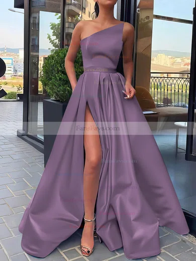 A-line Strapless Satin Sweep Train Sashes / Ribbons Prom Dresses #Favs020106846