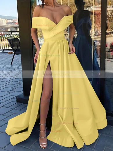 A-line Off-the-shoulder Satin Sweep Train Split Front Prom Dresses #Favs020106847