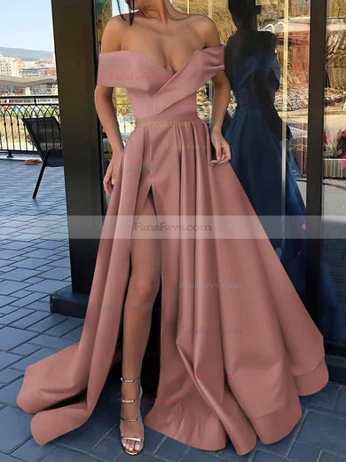 A-line Off-the-shoulder Satin Sweep Train Split Front Prom Dresses #Favs020106847