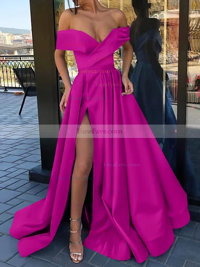 A-line Off-the-shoulder Satin Sweep Train Split Front Prom Dresses #Favs020106847
