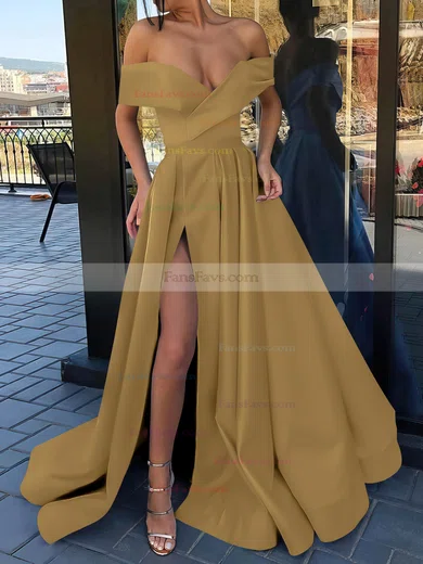 A-line Off-the-shoulder Satin Sweep Train Split Front Prom Dresses #Favs020106847