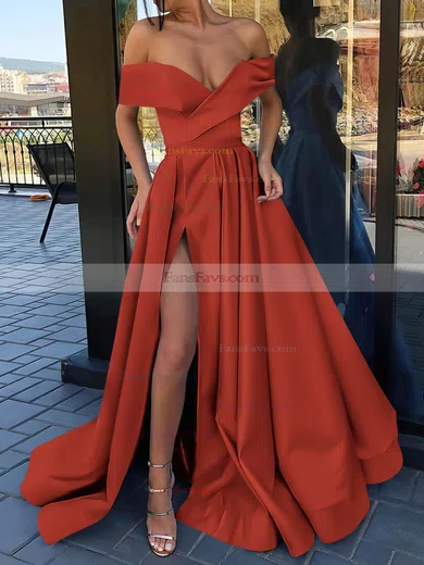 A-line Off-the-shoulder Satin Sweep Train Split Front Prom Dresses #Favs020106847