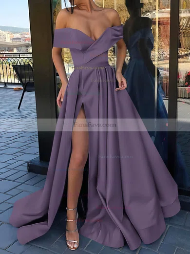 A-line Off-the-shoulder Satin Sweep Train Split Front Prom Dresses #Favs020106847