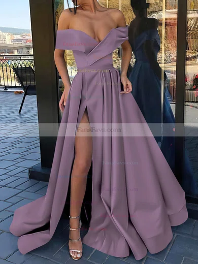 A-line Off-the-shoulder Satin Sweep Train Split Front Prom Dresses #Favs020106847