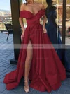 A-line Off-the-shoulder Satin Sweep Train Split Front Prom Dresses #Favs020106847