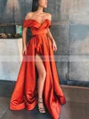 A-line Off-the-shoulder Satin Sweep Train Split Front Prom Dresses #Favs020106847