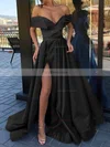 A-line Off-the-shoulder Satin Sweep Train Split Front Prom Dresses #Favs020106847