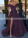 A-line Off-the-shoulder Satin Sweep Train Split Front Prom Dresses #Favs020106847