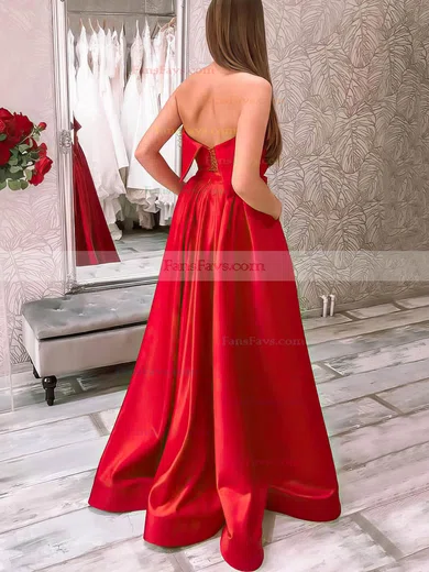 A-line Strapless Satin Sweep Train Sashes / Ribbons Prom Dresses #Favs020106849