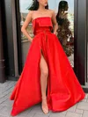 A-line Strapless Satin Sweep Train Sashes / Ribbons Prom Dresses #Favs020106849