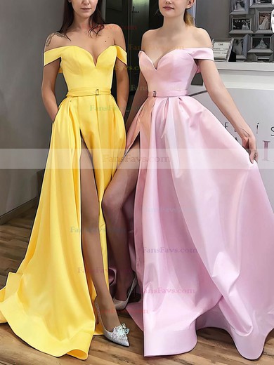 A-line Off-the-shoulder Satin Sweep Train Sashes / Ribbons Prom Dresses #Favs020106850