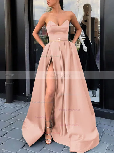 A-line V-neck Satin Sweep Train Sashes / Ribbons Prom Dresses #Favs020106852