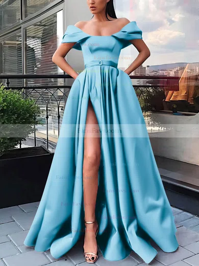 A-line Off-the-shoulder Satin Sweep Train Sashes / Ribbons Prom Dresses #Favs020106854