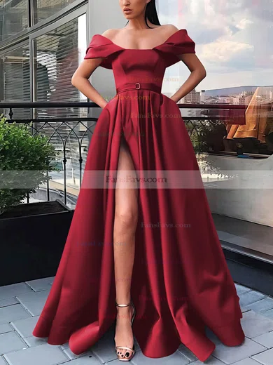 A-line Off-the-shoulder Satin Sweep Train Sashes / Ribbons Prom Dresses #Favs020106854