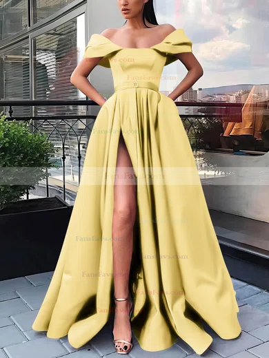 A-line Off-the-shoulder Satin Sweep Train Sashes / Ribbons Prom Dresses #Favs020106854