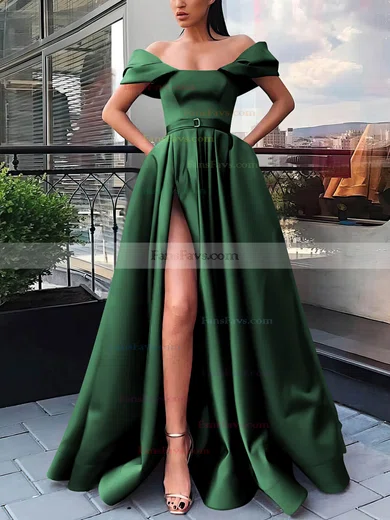 A-line Off-the-shoulder Satin Sweep Train Sashes / Ribbons Prom Dresses #Favs020106854