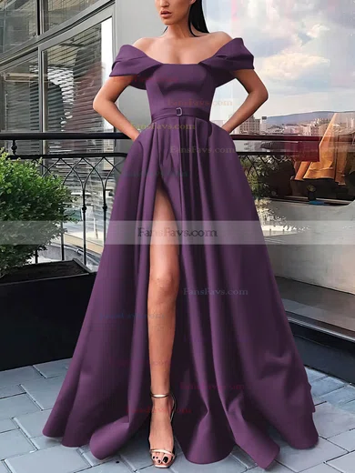 A-line Off-the-shoulder Satin Sweep Train Sashes / Ribbons Prom Dresses #Favs020106854