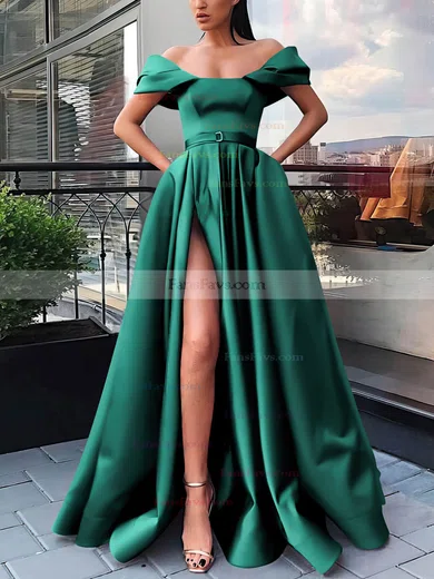 A-line Off-the-shoulder Satin Sweep Train Sashes / Ribbons Prom Dresses #Favs020106854