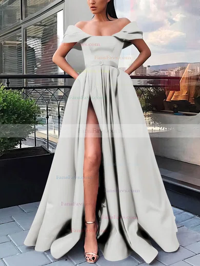 A-line Off-the-shoulder Satin Sweep Train Sashes / Ribbons Prom Dresses #Favs020106854