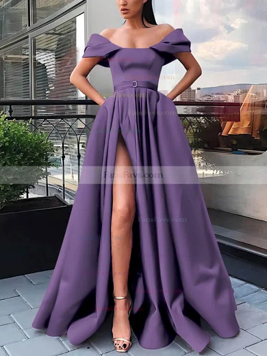 A-line Off-the-shoulder Satin Sweep Train Sashes / Ribbons Prom Dresses #Favs020106854