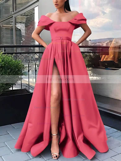 A-line Off-the-shoulder Satin Sweep Train Sashes / Ribbons Prom Dresses #Favs020106854