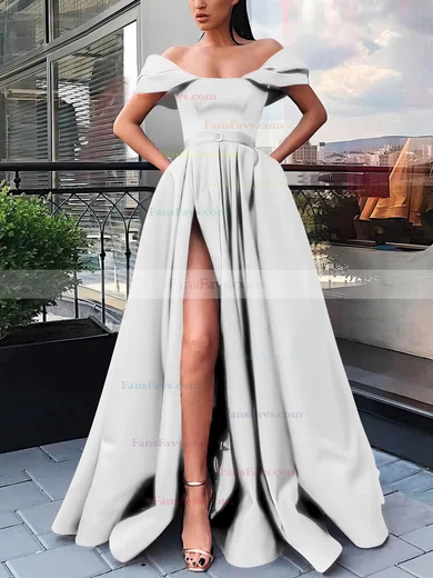 A-line Off-the-shoulder Satin Sweep Train Sashes / Ribbons Prom Dresses #Favs020106854