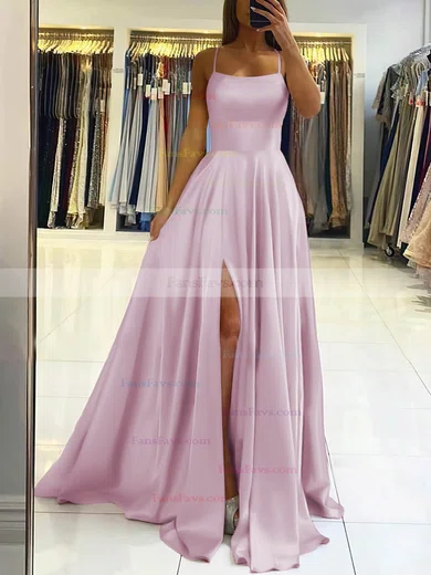 A-line Square Neckline Silk-like Satin Sweep Train Split Front Prom Dresses #Favs020106858