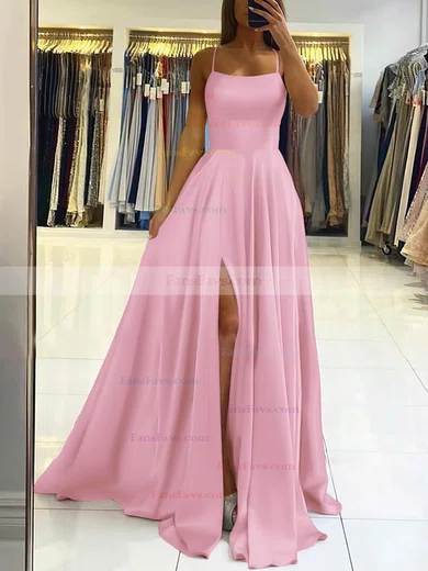 A-line Square Neckline Silk-like Satin Sweep Train Split Front Prom Dresses #Favs020106858