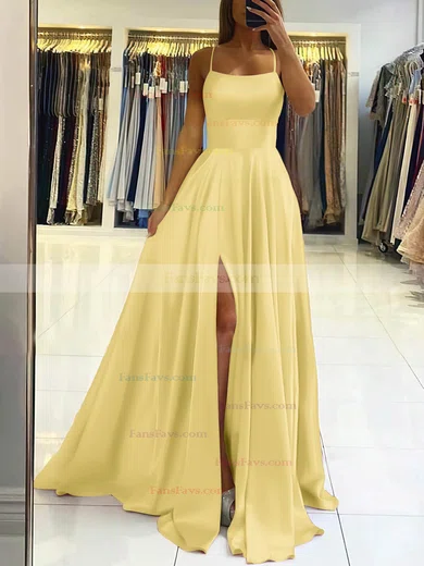 A-line Square Neckline Silk-like Satin Sweep Train Split Front Prom Dresses #Favs020106858