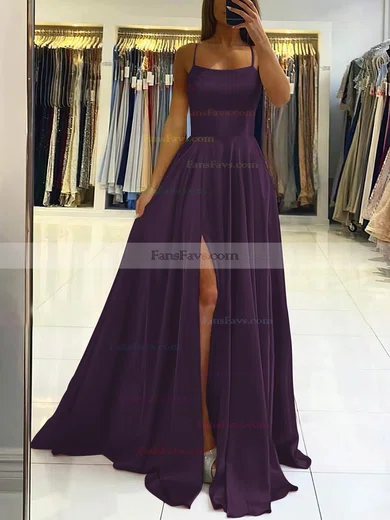 A-line Square Neckline Silk-like Satin Sweep Train Split Front Prom Dresses #Favs020106858