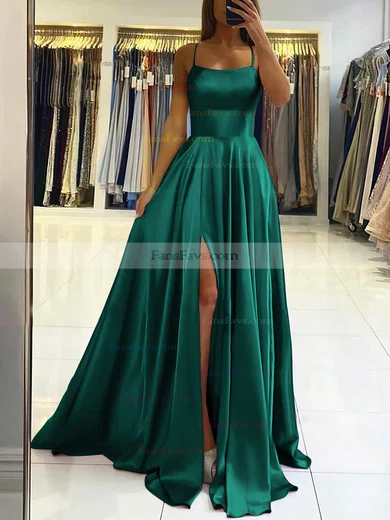 A-line Square Neckline Silk-like Satin Sweep Train Split Front Prom Dresses #Favs020106858