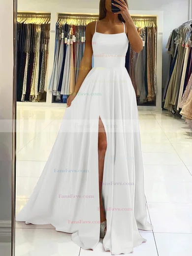 A-line Square Neckline Silk-like Satin Sweep Train Split Front Prom Dresses #Favs020106858