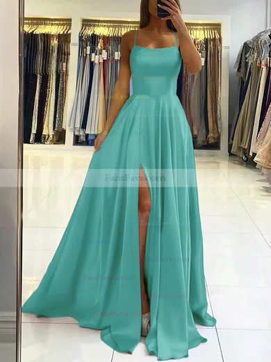 A-line Square Neckline Silk-like Satin Sweep Train Split Front Prom Dresses #Favs020106858