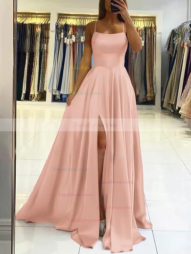 A-line Square Neckline Silk-like Satin Sweep Train Split Front Prom Dresses #Favs020106858