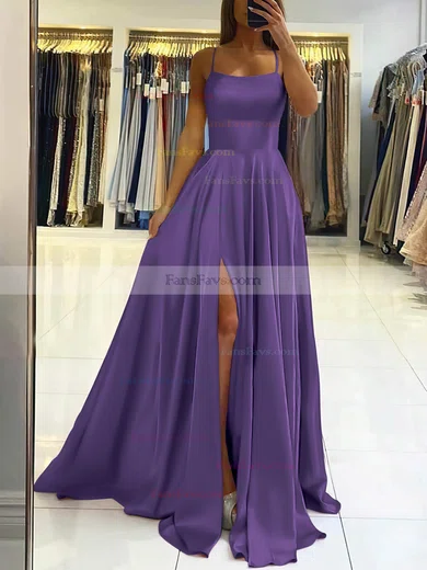 A-line Square Neckline Silk-like Satin Sweep Train Split Front Prom Dresses #Favs020106858