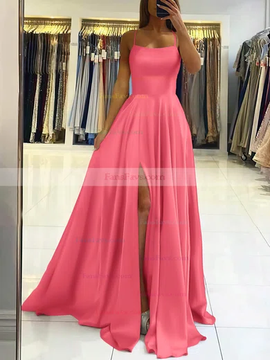 A-line Square Neckline Silk-like Satin Sweep Train Split Front Prom Dresses #Favs020106858
