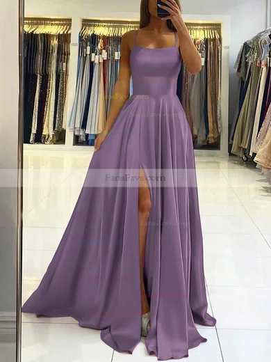 A-line Square Neckline Silk-like Satin Sweep Train Split Front Prom Dresses #Favs020106858