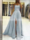 A-line Square Neckline Silk-like Satin Sweep Train Split Front Prom Dresses #Favs020106858