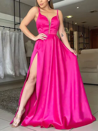 A-line V-neck Silk-like Satin Sweep Train Split Front Prom Dresses #Favs020106866 A-line V-neck Silk-like Satin Sweep Train Split Front Prom Dresses #Favs020106866