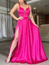 A-line V-neck Silk-like Satin Sweep Train Split Front Prom Dresses #Favs020106866