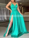 A-line V-neck Silk-like Satin Sweep Train Split Front Prom Dresses #Favs020106866