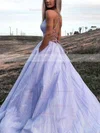 A-line V-neck Glitter Sweep Train Pockets Prom Dresses #Favs020106870