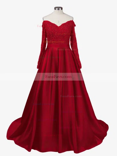 Ball Gown Off-the-shoulder Satin Sweep Train Beading Prom Dresses #Favs020102895